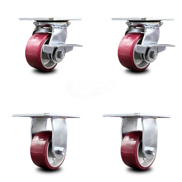 Service Caster 4 Inch Poly on Aluminum Caster Set with Roller Bearing 2 Brakes and 2 Rigid SCC SCC-35S420-PAR-SLB-2-R-2 - main